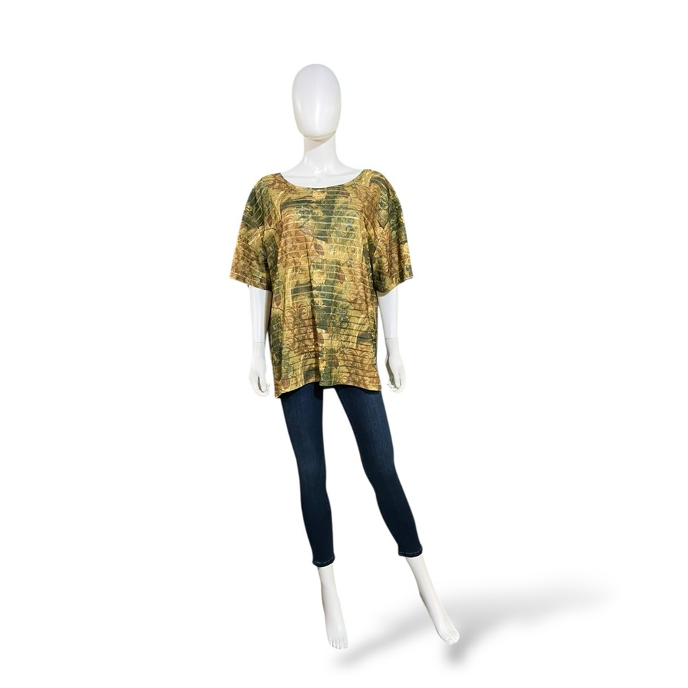 Style Up Olive Green and Gold Floral Striped Tee, 2XL